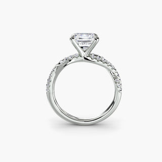 Twisted pavé engagement ring setting in white gold, side profile view showing the twisted pavé band with an asscher-cut lab grown center diamond. || #metal_white gold|platinum #diamond shape_asscher