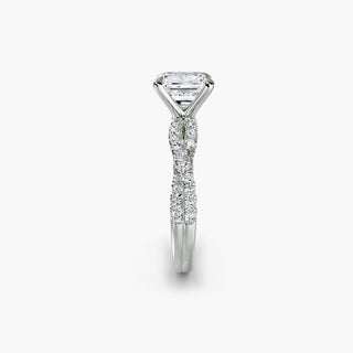 Twisted pavé engagement ring setting in white gold showing the twisted band profile, with an asscher-cut lab grown center diamond. || #metal_white gold|platinum #diamond shape_asscher
