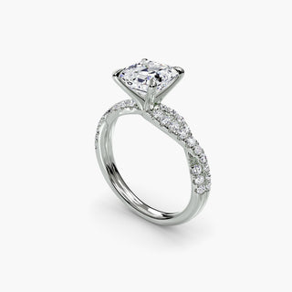 Twisted pavé engagement ring setting in white gold with an asscher-cut lab grown center diamond and twisted pavé diamond band, three-quarter view. || #metal_white gold|platinum #diamond shape_asscher
