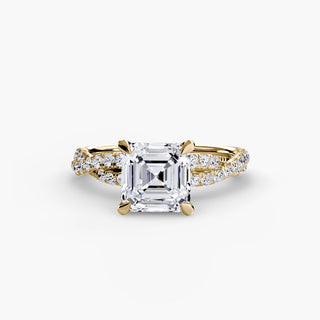 Twisted pavé engagement ring setting in yellow gold, featuring an asscher-cut lab grown center diamond with a twisted pavé diamond band. || #metal_yellow gold #diamond shape_asscher