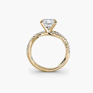 Twisted pavé engagement ring setting in yellow gold, side profile view showing the twisted pavé band with an asscher-cut lab grown center diamond. || #metal_yellow gold #diamond shape_asscher