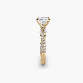 Twisted pavé engagement ring setting in yellow gold showing the twisted band profile, with an asscher-cut lab grown center diamond. || #metal_yellow gold #diamond shape_asscher