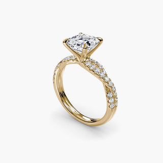 Twisted pavé engagement ring setting in yellow gold with an asscher-cut lab grown center diamond and twisted pavé diamond band, three-quarter view. || #metal_yellow gold #diamond shape_asscher