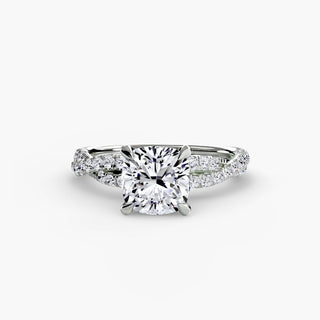 Twisted pavé engagement ring setting in white gold, featuring a cushion-cut lab grown center diamond with a twisted pavé diamond band. || #metal_white gold|platinum #diamond shape_cushion