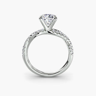 Twisted pavé engagement ring setting in white gold, side profile view showing the twisted pavé band with a cushion-cut lab grown center diamond. || #metal_white gold|platinum #diamond shape_cushion