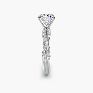 Twisted pavé engagement ring setting in white gold showing the twisted band profile, with a cushion-cut lab grown center diamond. || #metal_white gold|platinum #diamond shape_cushion