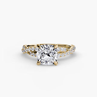 Twisted pavé engagement ring setting in yellow gold, featuring a cushion-cut lab grown center diamond with a twisted pavé diamond band. || #metal_yellow gold #diamond shape_cushion