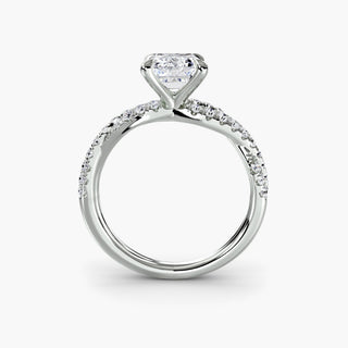 Twisted pavé engagement ring setting in white gold, side profile view showing the twisted pavé band with an emerald-cut lab grown center diamond. || #metal_white gold|platinum #diamond shape_emerald