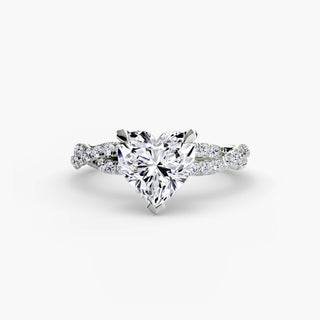 Twisted pavé engagement ring setting in white gold, featuring a heart-shaped lab grown center diamond with a twisted pavé diamond band. || #metal_white gold|platinum #diamond shape_heart
