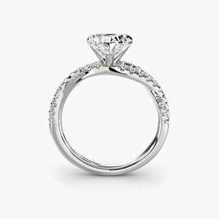 Twisted pavé engagement ring setting in white gold, side profile view showing the twisted pavé band with a heart-shaped lab grown center diamond. || #metal_white gold|platinum #diamond shape_heart