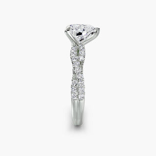 Twisted pavé engagement ring setting in white gold showing the twisted band profile, with a heart-shaped lab grown center diamond. || #metal_white gold|platinum #diamond shape_heart