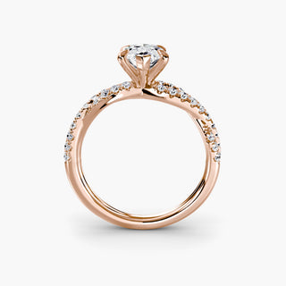 Twisted pavé engagement ring setting in rose gold, side profile view showing the twisted pavé band with a marquise-cut lab grown center diamond. || #metal_rose gold #diamond shape_marquise