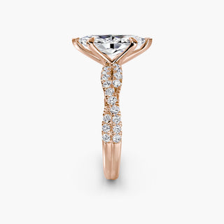 Twisted pavé engagement ring setting in rose gold showing the twisted band profile, with a marquise-cut lab grown center diamond. || #metal_rose gold #diamond shape_marquise