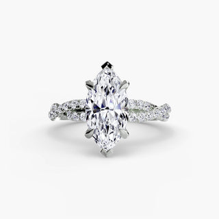 Twisted pavé engagement ring setting in white gold, featuring a marquise-cut lab grown center diamond with a twisted pavé diamond band. || #metal_white gold|platinum #diamond shape_marquise