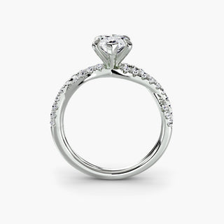 Twisted pavé engagement ring setting in white gold, side profile view showing the twisted pavé band with a marquise-cut lab grown center diamond. || #metal_white gold|platinum #diamond shape_marquise