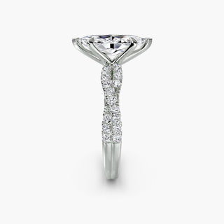 Twisted pavé engagement ring setting in white gold showing the twisted band profile, with a marquise-cut lab grown center diamond. || #metal_white gold|platinum #diamond shape_marquise