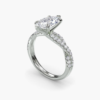 Twisted pavé engagement ring setting in white gold with a marquise-cut lab grown center diamond and twisted pavé diamond band, three-quarter view. || #metal_white gold|platinum #diamond shape_marquise