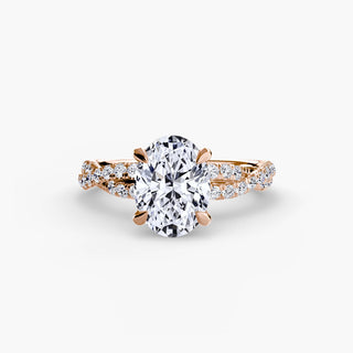 Twisted pavé engagement ring setting in rose gold, featuring an oval-cut lab grown center diamond with a twisted pavé diamond band. || #metal_rose gold #diamond shape_oval