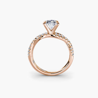 Twisted pavé engagement ring setting in rose gold, side profile view showing the twisted pavé band with an oval-cut lab grown center diamond. || #metal_rose gold #diamond shape_oval