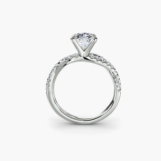 Twisted pavé engagement ring setting in white gold, side profile view showing the twisted pavé band with an oval-cut lab grown center diamond. || #metal_white gold|platinum #diamond shape_oval