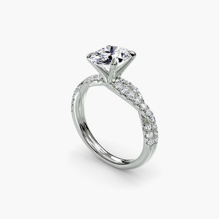 Twisted pavé engagement ring setting in white gold with an oval-cut lab grown center diamond and twisted pavé diamond band, three-quarter view. || #metal_white gold|platinum #diamond shape_oval