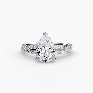Twisted pavé engagement ring setting in white gold, featuring a pear-shaped lab grown center diamond with a twisted pavé diamond band. || #metal_white gold|platinum #diamond shape_pear