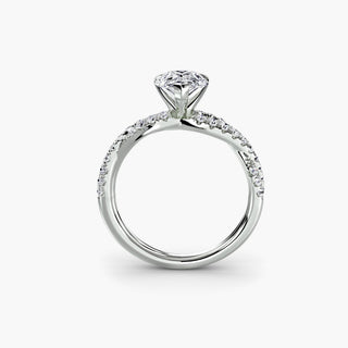 Twisted pavé engagement ring setting in white gold, side profile view showing the twisted pavé band with a pear-shaped lab grown center diamond. || #metal_white gold|platinum #diamond shape_pear