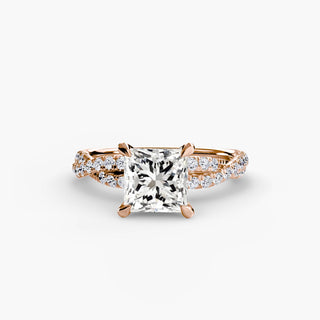 Twisted pavé engagement ring setting in rose gold, featuring a princess-cut lab grown center diamond with a twisted pavé diamond band. || #metal_rose gold #diamond shape_princess