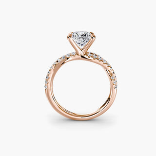 Twisted pavé engagement ring setting in rose gold, side profile view showing the twisted pavé band with a princess-cut lab grown center diamond. || #metal_rose gold #diamond shape_princess