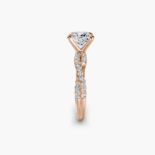 Twisted pavé engagement ring setting in rose gold showing the twisted band profile, with a princess-cut lab grown center diamond. || #metal_rose gold #diamond shape_princess
