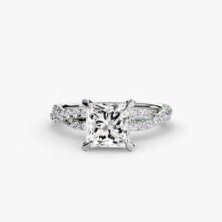 Twisted pavé engagement ring setting in white gold, featuring a princess-cut lab grown center diamond with a twisted pavé diamond band. || #metal_white gold|platinum #diamond shape_princess