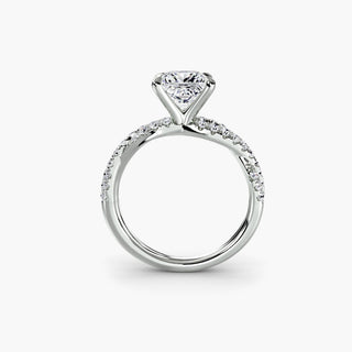 Twisted pavé engagement ring setting in white gold, side profile view showing the twisted pavé band with a princess-cut lab grown center diamond. || #metal_white gold|platinum #diamond shape_princess