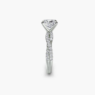 Twisted pavé engagement ring setting in white gold showing the twisted band profile, with a princess-cut lab grown center diamond. || #metal_white gold|platinum #diamond shape_princess
