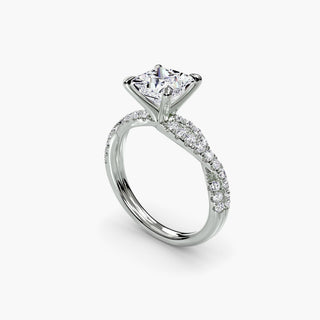 Twisted pavé engagement ring setting in white gold with a princess-cut lab grown center diamond and twisted pavé diamond band, three-quarter view. || #metal_white gold|platinum #diamond shape_princess