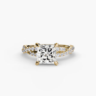 Twisted pavé engagement ring setting in yellow gold, featuring a princess-cut lab grown center diamond with a twisted pavé diamond band. || #metal_yellow gold #diamond shape_princess