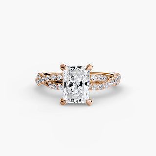 Twisted pavé engagement ring setting in rose gold, featuring a radiant-cut lab grown center diamond with a twisted pavé diamond band. || #metal_rose gold #diamond shape_radiant