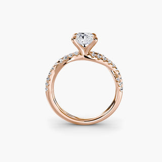 Twisted pavé engagement ring setting in rose gold, side profile view showing the twisted pavé band with a radiant-cut lab grown center diamond. || #metal_rose gold #diamond shape_radiant