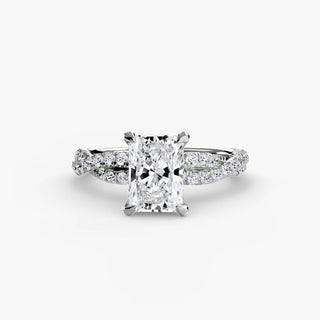 Twisted pavé engagement ring setting in white gold, featuring a radiant-cut lab grown center diamond with a twisted pavé diamond band. || #metal_white gold|platinum #diamond shape_radiant