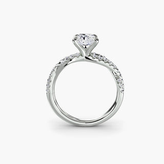Twisted pavé engagement ring setting in white gold, side profile view showing the twisted pavé band with a radiant-cut lab grown center diamond. || #metal_white gold|platinum #diamond shape_radiant