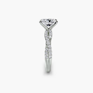 Twisted pavé engagement ring setting in white gold showing the twisted band profile, with a radiant-cut lab grown center diamond. || #metal_white gold|platinum #diamond shape_radiant