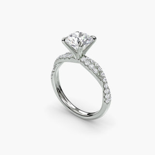 Twisted pavé engagement ring setting in white gold with a round lab grown center diamond and twisted pavé diamond band, three-quarter view. || #metal_white gold|platinum #diamond shape_round
