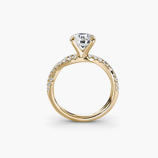 Twisted pavé engagement ring setting in yellow gold, side profile view showing the twisted pavé band with a round lab grown center diamond. || #metal_yellow gold #diamond shape_round