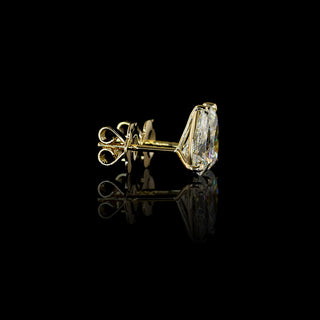 Video of of Pear-shaped lab grown diamond stud earrings in 14k yellow gold, claw prong setting, 2 carats total (1 carat each) showing setting from multiple angles.