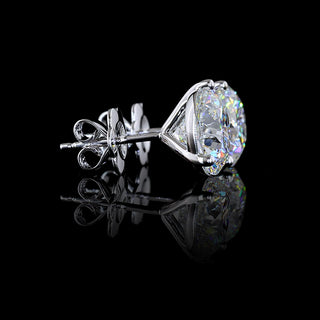 Video of round lab grown diamond stud earrings with three-prong martini settings, 5 carats total weight (2.5 carats each) in white gold. || #total carat weight_5 #metal_white gold