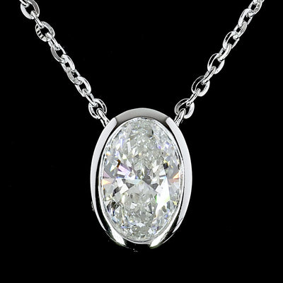 14K White Gold Solitaire Oval Lab Grown Diamond Bezel Pendant Necklace