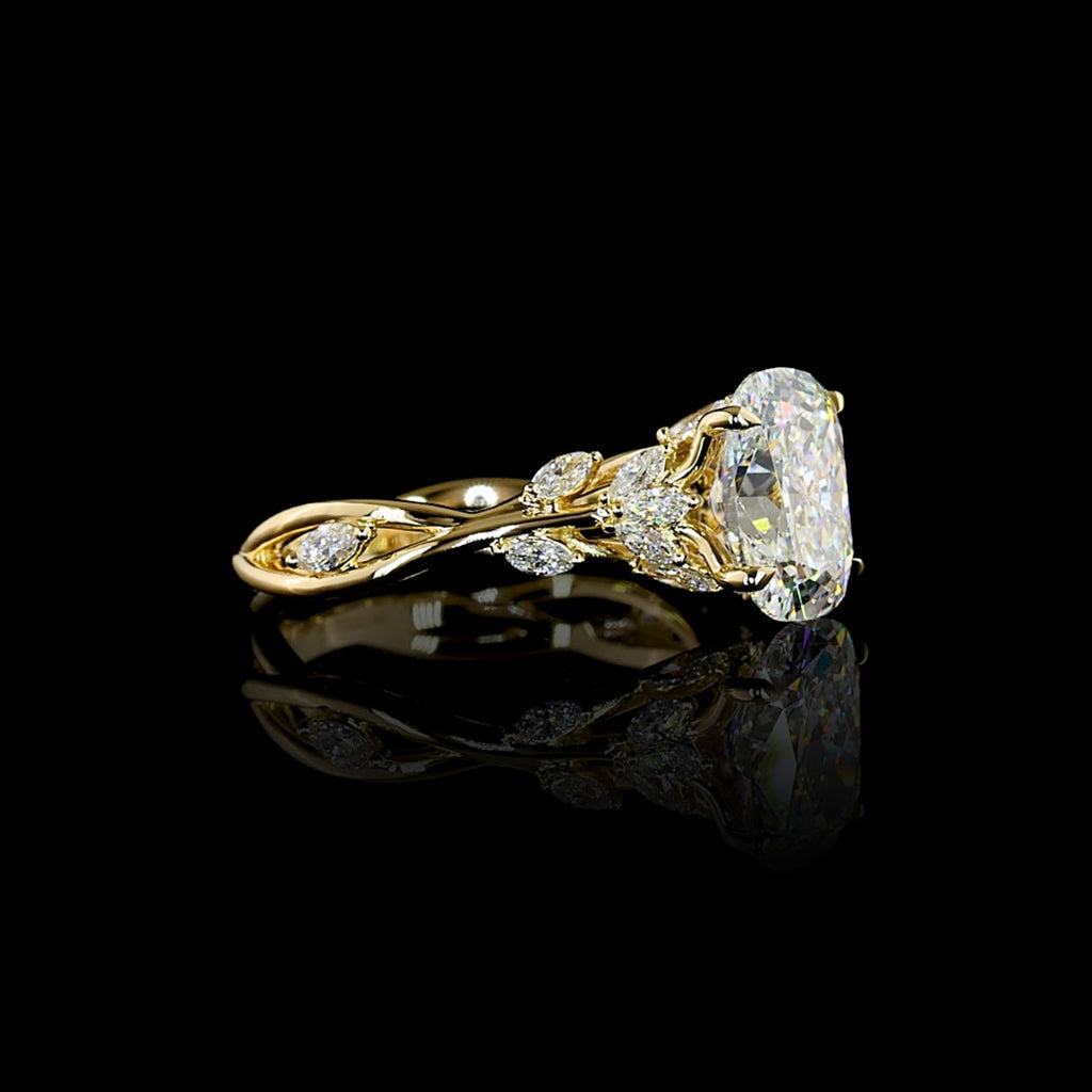 Video of Lab Grown Diamond nature-inspired Engagement Ring with twisted vine design  in yellow gold, with a 2.5 carat cushion brilliant diamond center stone, approximately 3 carats total weight. || #diamond shape_cushion