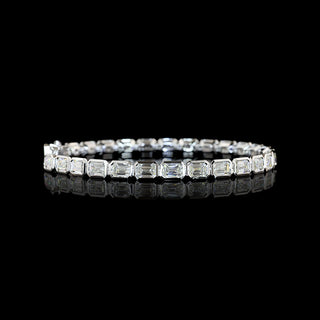 Video of East-West Emerald-cut lab grown diamond tennis bracelet in 14k white gold, bezel setting, 10 carat total weight.